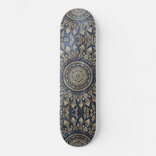 Skateboard Elegante dorado azul Mandala Floral (Anverso)