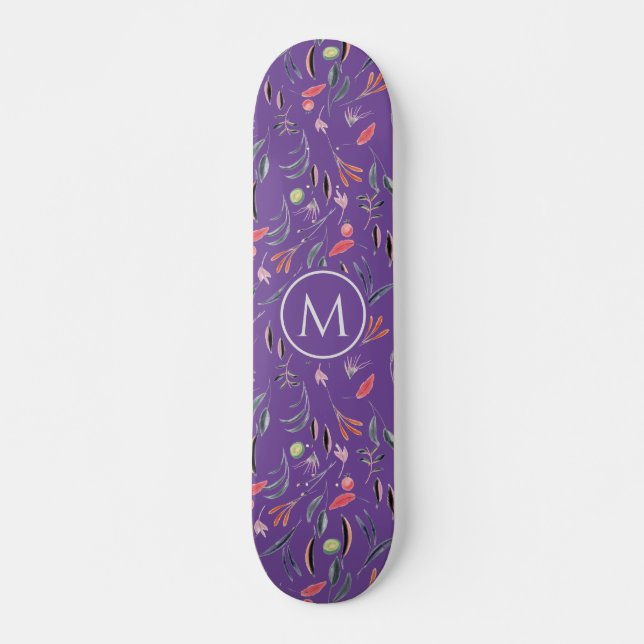 Skateboard Elegante lavanda Floral acuarela MONOGRAM (Anverso )