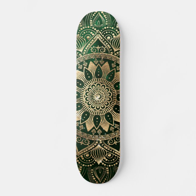 Skateboard Elegante Mandala dorada verde (Anverso)