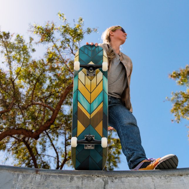 Skateboard Elegante Moderno Abstracto Geométrico Dorado Verde (Exterior 1)