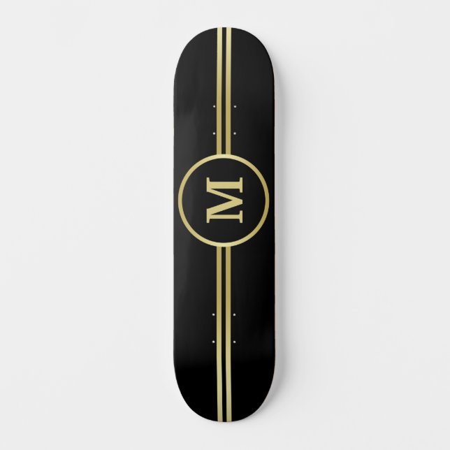 Skateboard Elegante oro Monograma personalizado sobre negro (Anverso)