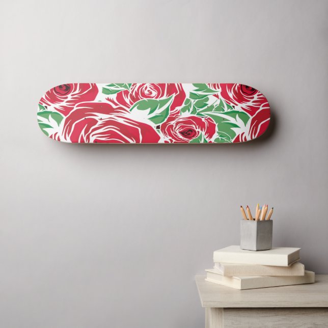 Skateboard Elegante patrón de Rosa Vintage - Floral roja y ve (Arte de pared (horz))