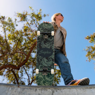 Skateboard Elegante patrón floral de damasco verde vintage