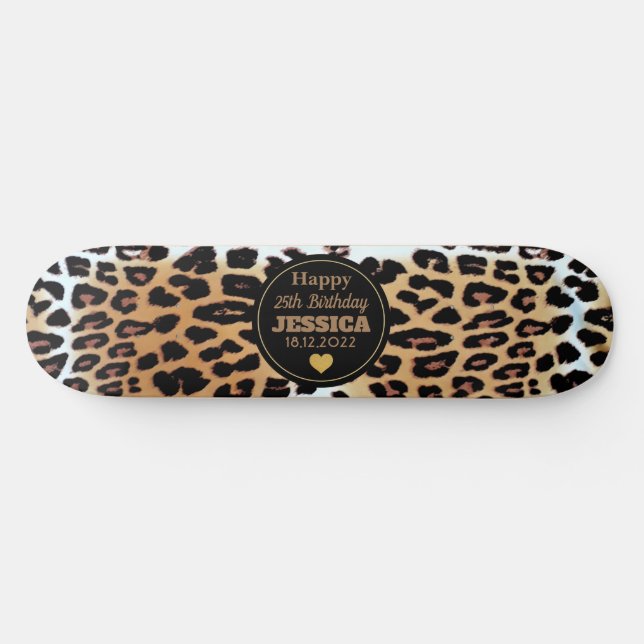 Skateboard Elegante Personalizado de Leopard Print Happy 25th (Horz)