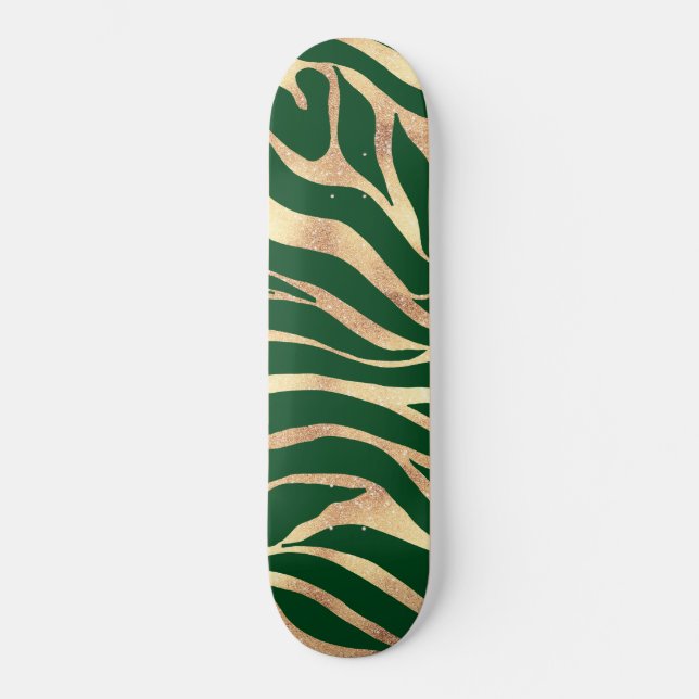 Skateboard Elegante Purpurina dorado Zebra Green Animal Print (Anverso)