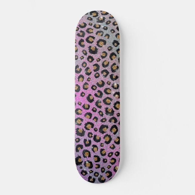Skateboard Elegante Purpurina rosa azul dorado Leopardo negro (Anverso)