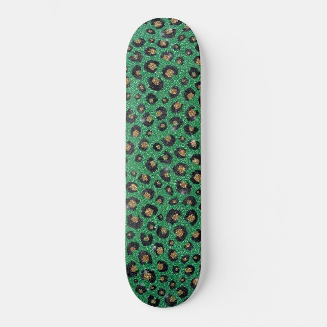 Skateboard Elegante Purpurina Verde Leopardo de oro negro (Anverso)