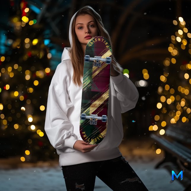 Skateboard Elegante Tartán Navideño en Dorado y Burdeos (Subido por el creador)