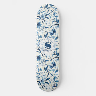 Skateboard Elegantes hojas de paisley azul - fondo blanco (1)
