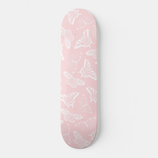 Skateboard Elegantes mariposas blancas de diseño rosa (Anverso)