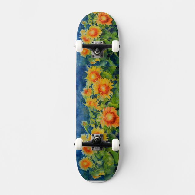 Skateboard Elegantes rollos de girasol acuarelas (Anverso)