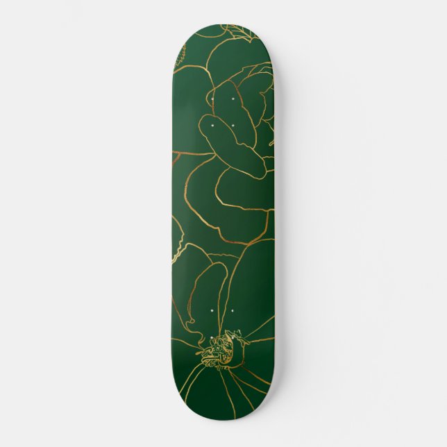 Skateboard Elegantes Rosas del Oro Verde Dibujo de Línea Flor (Anverso)