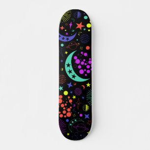 Skateboard Elementos celestes neones, estrellas, lunas, plane