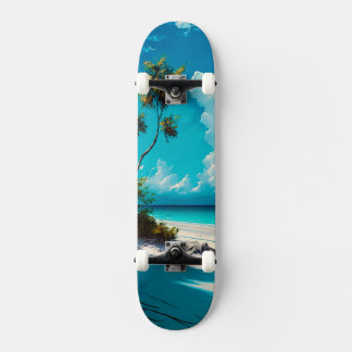 Skateboard En la playa, arena blanca y cielo azul