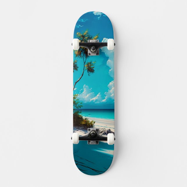 Skateboard En la playa, arena blanca y cielo azul (Anverso)