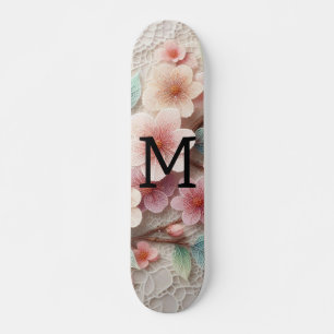 Skateboard Encaje de monograma floral rosa pastel flor de cer