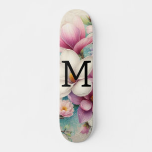 Skateboard Encaje de monograma flores de magnolias rosadas y 