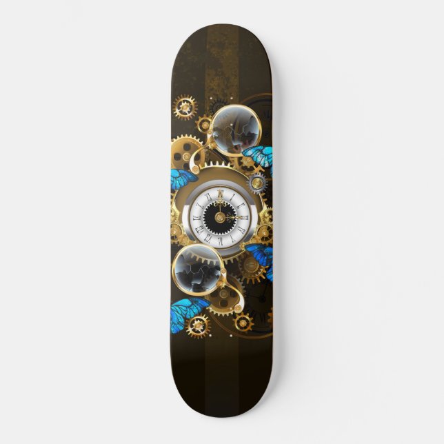 Skateboard Engranajes Steampunk y mariposas azules (Anverso)