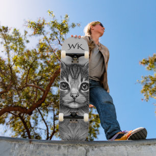 Skateboard Esbozo Adorable del Monograma del Gato Joven