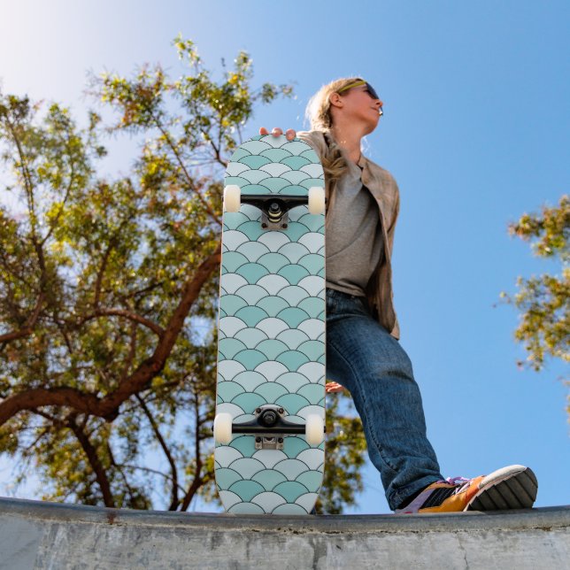 Skateboard Escalas de dragón, abanicos, olas, Seigaiha, Azul (Exterior 1)