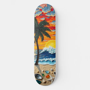 Skateboard Escena de playa hermosa con palmeras  