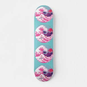 Skateboard Espaceman navegando en la gran ola rosa