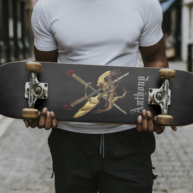 Skateboard Espadas Cruzadas Con Dragón Personalizado (Subido por el creador)