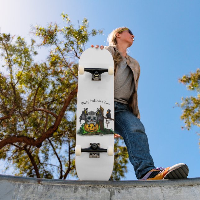 Skateboard Esperando Halloween , Cute Bat y Raven (Exterior 1)