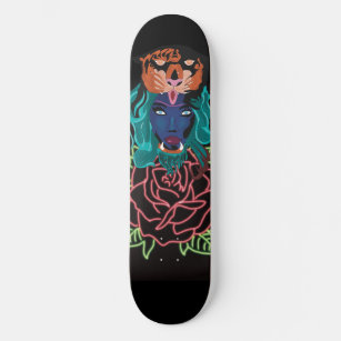 Skateboard espíritu de guerrero tigre nativo con rosa de neón