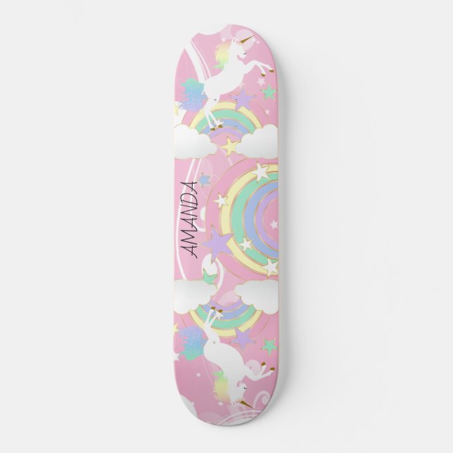 Skateboard Esquina de Unicornio rosa Arcoiris (Anverso)