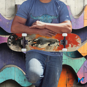 Skateboard Estallido blanco galopante en la puesta de sol fer