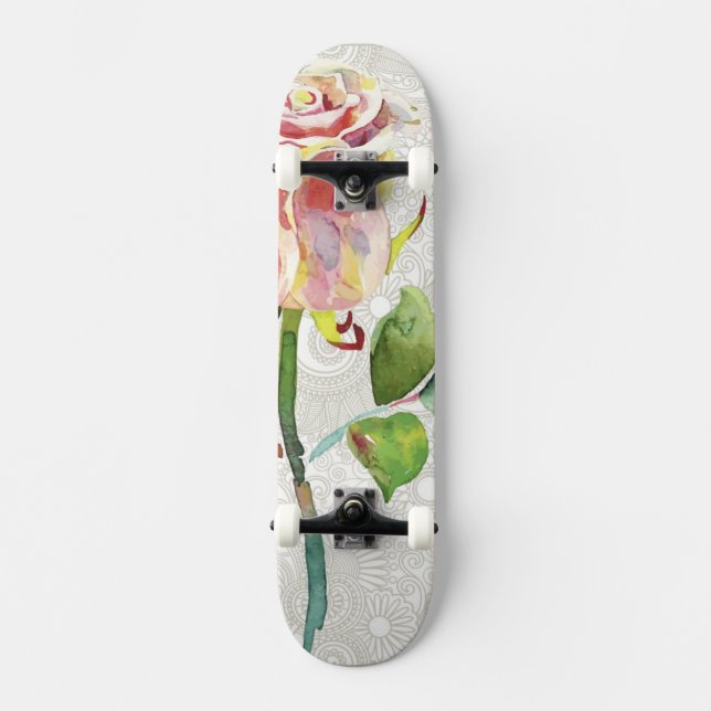 Skateboard Estampado de flores adornado con la acuarela (Anverso)