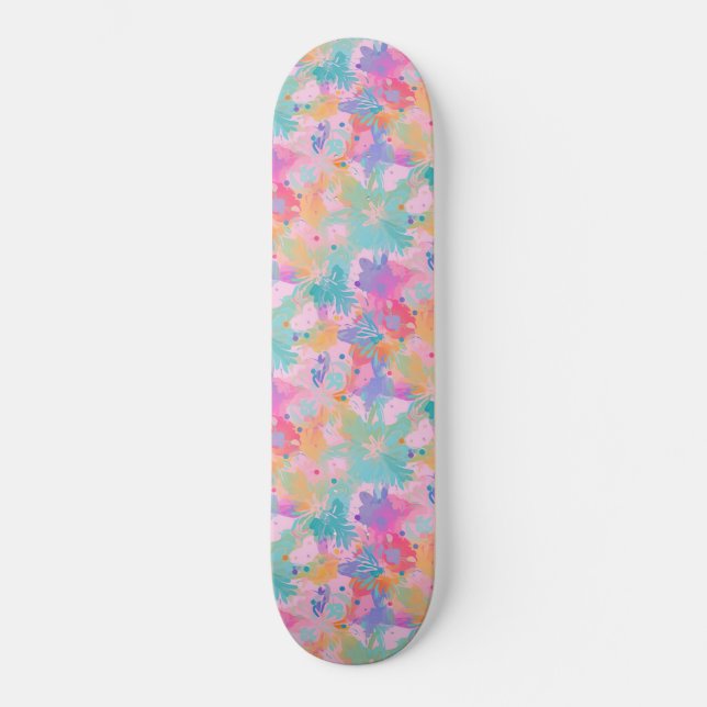 Skateboard Estampado de flores de arcoíris rosa con estampado (Anverso)