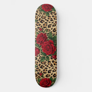 Skateboard Estampado de leopardo con rosas rojas 