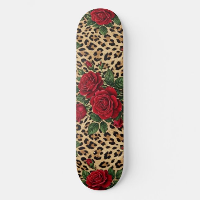 Skateboard Estampado de leopardo con rosas rojas  (Anverso)