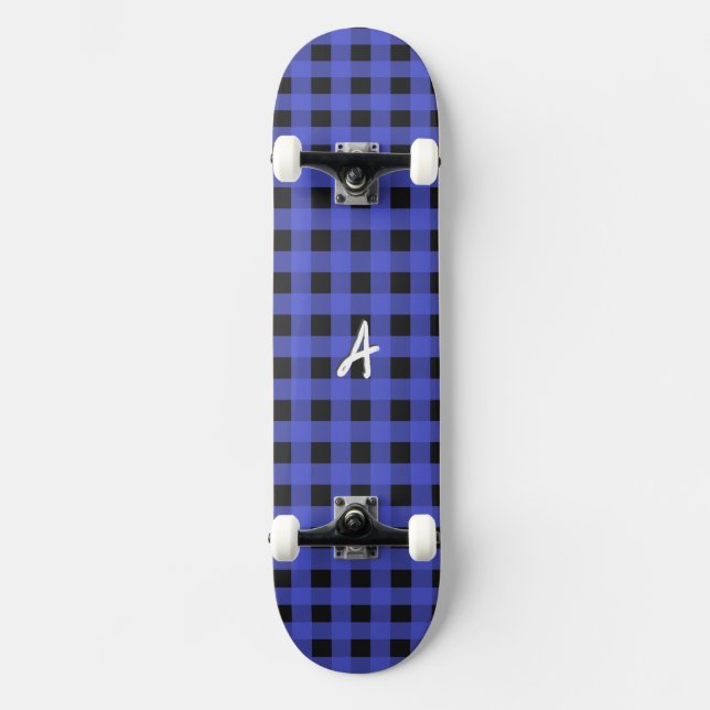 Skateboard Estampado de Plaid Azul de Búfalo Monogramado Rúst (Anverso)