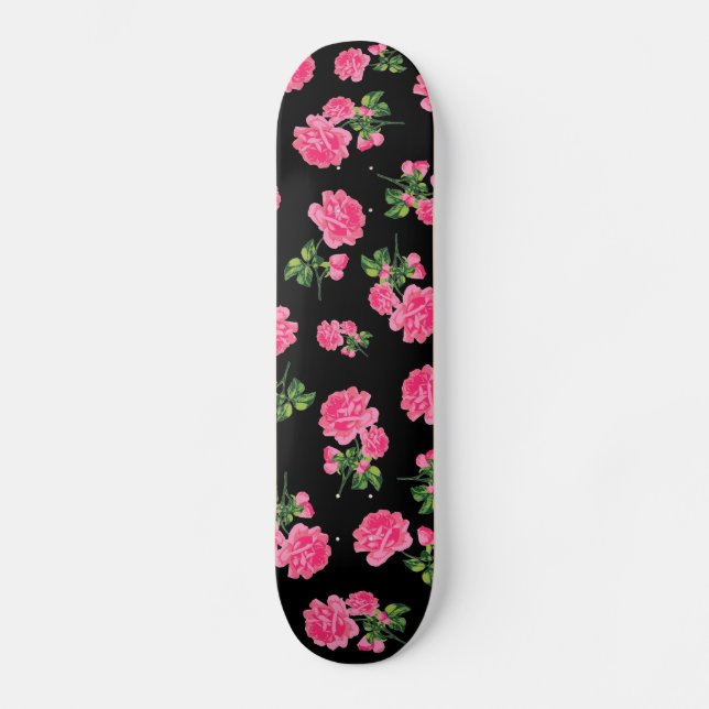 Skateboard Estampados de flores: flores rosadas en negro (Anverso)