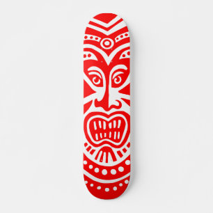 Skateboard Estilo de Máscara Tiki - Rojo sobre Madera (Retro)