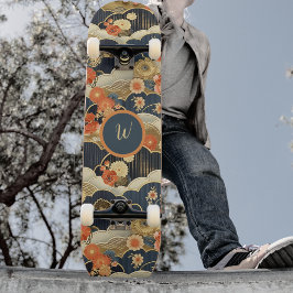 Skateboard Estilo Japonés Retro Floral Verde Acuático en Nube
