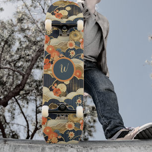 Skateboard Estilo Japonés Retro Floral Verde Acuático en Nube