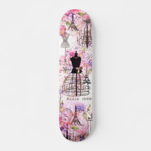 Skateboard Estilo vintage Torre Eiffel collage floral rosa
