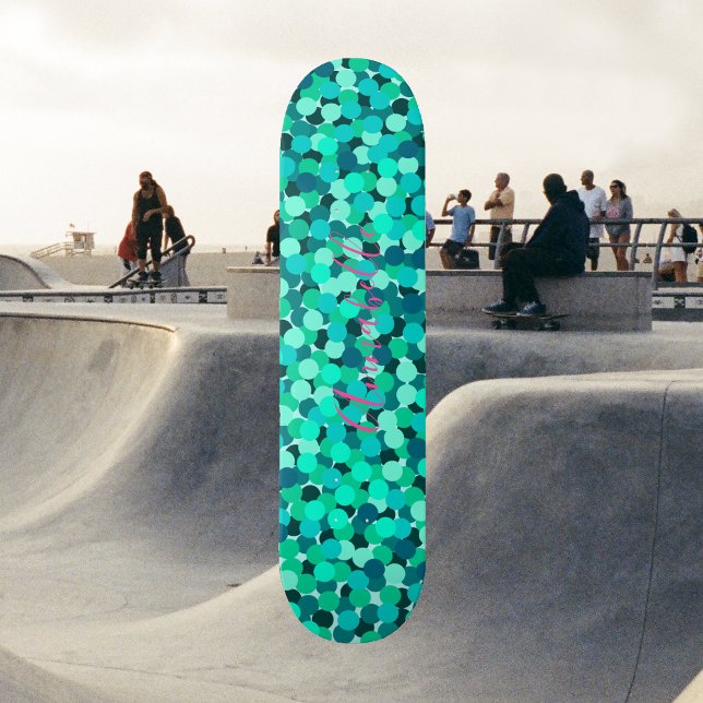 Skateboard Estrella Súper Lindo Brillo Turquesa (Teal Blue Sea Dotted Pattern - Glitter Magic - Custom Name - Modern Girly )