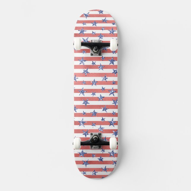 Skateboard Estrellas azules del Purpurina blanco rojo (Anverso)