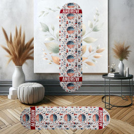 Skateboard Estrellas Bandera Estadounidense Patrón Blanco Azu