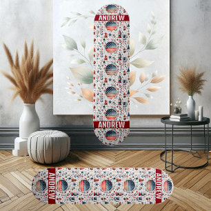 Skateboard Estrellas Bandera Estadounidense Patrón Blanco Azu