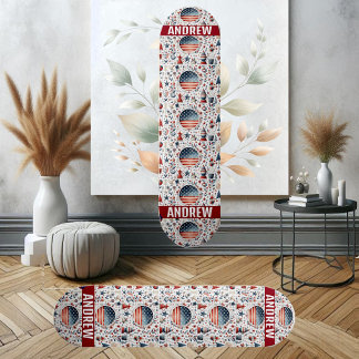 Skateboard Estrellas Bandera Estadounidense Patrón Blanco Azu