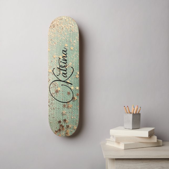 Skateboard Estrellas de oro sobre el verde marino personaliza (Arte de la pared)