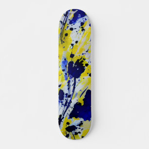 Skateboard Explosión de pintura abstracta azul amarilla en ne
