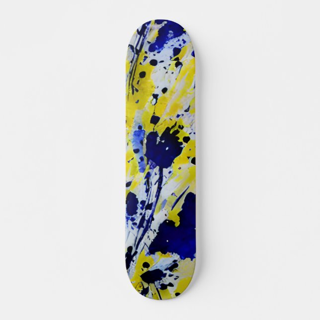 Skateboard Explosión de pintura abstracta azul amarilla en ne (Anverso )