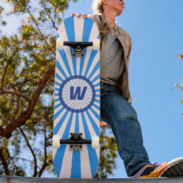 Skateboard Explosión solar retro en azul brillante y oscuro I